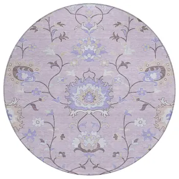 8' Blush Lavender And Beige Round Floral Washable Indoor Outdoor Area Rug
