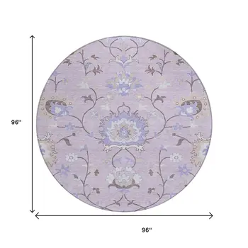 8' Blush Lavender And Beige Round Floral Washable Indoor Outdoor Area Rug