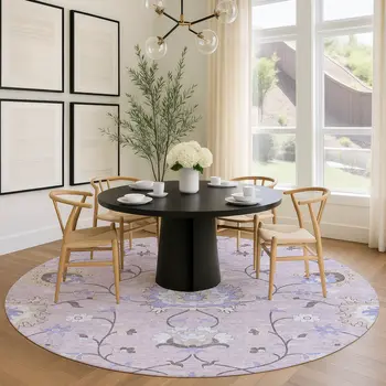 8' Blush Lavender And Beige Round Floral Washable Indoor Outdoor Area Rug