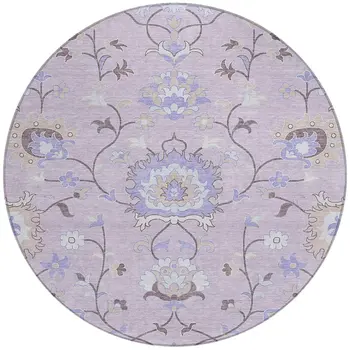 8' Blush Lavender And Beige Round Floral Washable Indoor Outdoor Area Rug