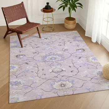 8' X 10' Blush Lavender And Beige Floral Washable Indoor Outdoor Area Rug