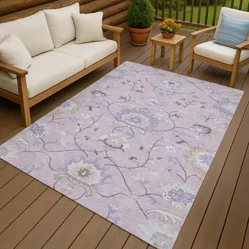 10' X 14' Blush Lavender And Beige Floral Washable Indoor Outdoor Area Rug
