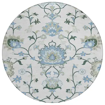 8' Ivory Blue And Beige Round Floral Washable Indoor Outdoor Area Rug