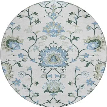 8' Ivory Blue And Beige Round Floral Washable Indoor Outdoor Area Rug