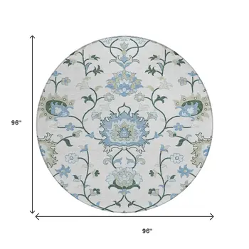 8' Ivory Blue And Beige Round Floral Washable Indoor Outdoor Area Rug
