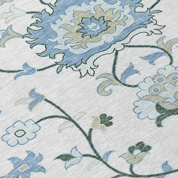 8' X 10' Ivory Blue And Beige Floral Washable Indoor Outdoor Area Rug