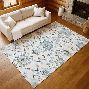 8' X 10' Ivory Blue And Beige Floral Washable Indoor Outdoor Area Rug