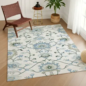 8' X 10' Ivory Blue And Beige Floral Washable Indoor Outdoor Area Rug