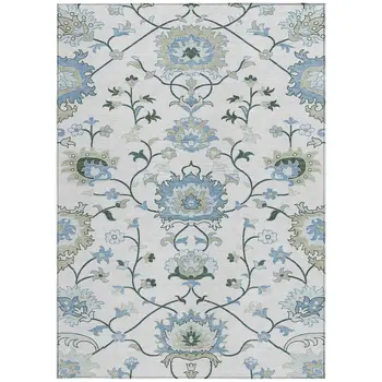 10' X 14' Ivory Blue And Beige Floral Washable Indoor Outdoor Area Rug