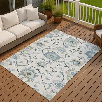 10' X 14' Ivory Blue And Beige Floral Washable Indoor Outdoor Area Rug