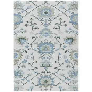 10' X 14' Ivory Blue And Beige Floral Washable Indoor Outdoor Area Rug