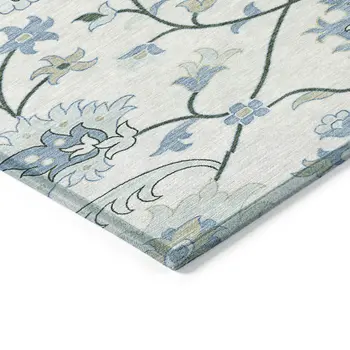 10' X 14' Ivory Blue And Beige Floral Washable Indoor Outdoor Area Rug