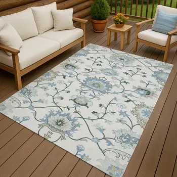10' X 14' Ivory Blue And Beige Floral Washable Indoor Outdoor Area Rug