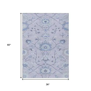 3' X 5' Lilac And Ivory Floral Washable Indoor Outdoor Area Rug