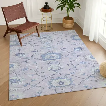 3' X 5' Lilac And Ivory Floral Washable Indoor Outdoor Area Rug