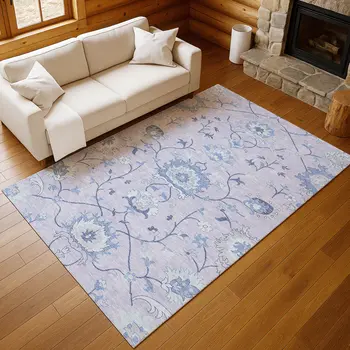 5' X 8' Lilac And Ivory Floral Washable Indoor Outdoor Area Rug