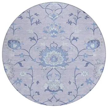 8' Lilac And Ivory Round Floral Washable Indoor Outdoor Area Rug