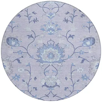8' Lilac And Ivory Round Floral Washable Indoor Outdoor Area Rug