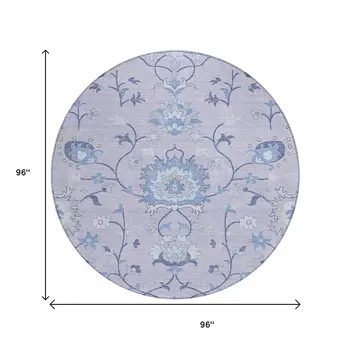 8' Lilac And Ivory Round Floral Washable Indoor Outdoor Area Rug