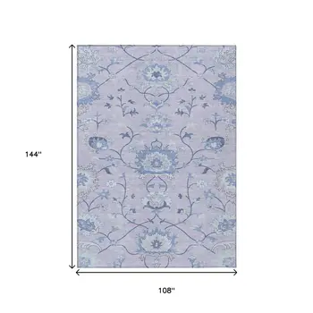 9' X 12' Lilac And Ivory Floral Washable Indoor Outdoor Area Rug