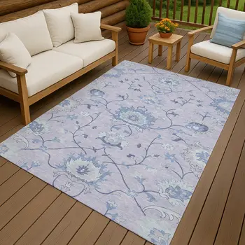 9' X 12' Lilac And Ivory Floral Washable Indoor Outdoor Area Rug