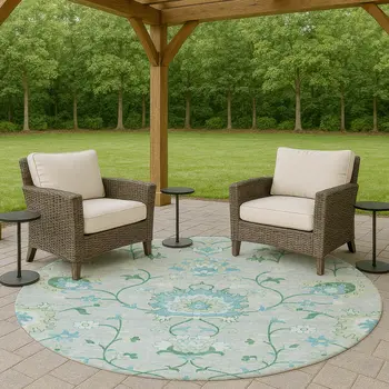 8' Mint Green Teal Blue And Ivory Round Floral Washable Indoor Outdoor Area Rug
