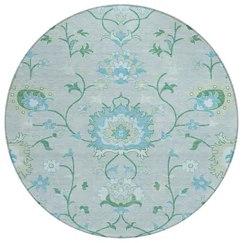 8' Mint Green Teal Blue And Ivory Round Floral Washable Indoor Outdoor Area Rug