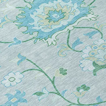 8' Mint Green Teal Blue And Ivory Round Floral Washable Indoor Outdoor Area Rug