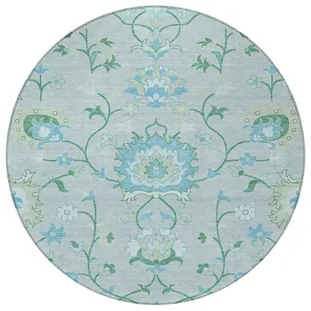 8' Mint Green Teal Blue And Ivory Round Floral Washable Indoor Outdoor Area Rug