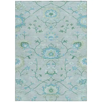 8' X 10' Mint Green Teal Blue And Ivory Floral Washable Indoor Outdoor Area Rug