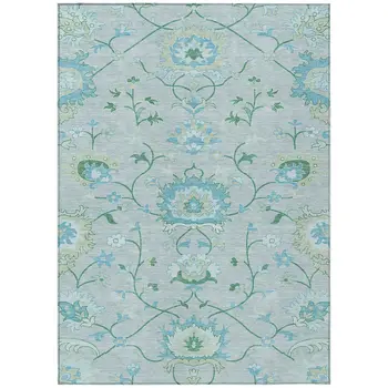 8' X 10' Mint Green Teal Blue And Ivory Floral Washable Indoor Outdoor Area Rug