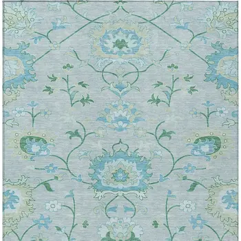 8' X 10' Mint Green Teal Blue And Ivory Floral Washable Indoor Outdoor Area Rug