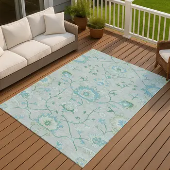 10' X 14' Mint Green Teal Blue And Ivory Floral Washable Indoor Outdoor Area Rug