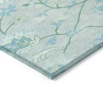 10' X 14' Mint Green Teal Blue And Ivory Floral Washable Indoor Outdoor Area Rug