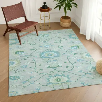 10' X 14' Mint Green Teal Blue And Ivory Floral Washable Indoor Outdoor Area Rug