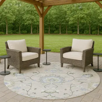 8' Pearl And Ivory Round Floral Washable Indoor Outdoor Area Rug