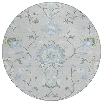 8' Pearl And Ivory Round Floral Washable Indoor Outdoor Area Rug