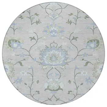 8' Pearl And Ivory Round Floral Washable Indoor Outdoor Area Rug