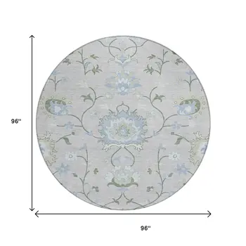 8' Pearl And Ivory Round Floral Washable Indoor Outdoor Area Rug