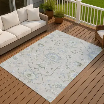 8' X 10' Pearl And Ivory Floral Washable Indoor Outdoor Area Rug