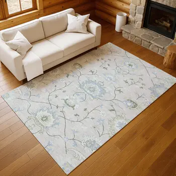 8' X 10' Pearl And Ivory Floral Washable Indoor Outdoor Area Rug