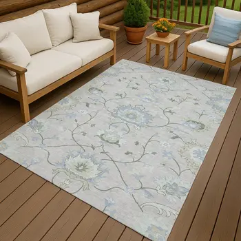8' X 10' Pearl And Ivory Floral Washable Indoor Outdoor Area Rug