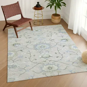 10' X 14' Pearl And Ivory Floral Washable Indoor Outdoor Area Rug