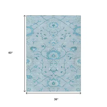 3' X 5' Sky Blue And Ivory Floral Washable Indoor Outdoor Area Rug