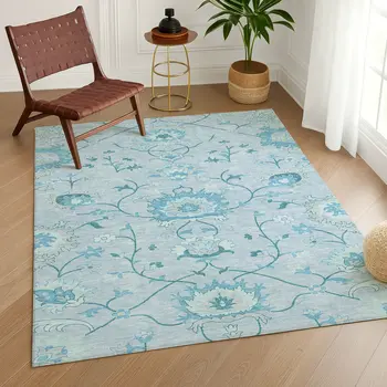 3' X 5' Sky Blue And Ivory Floral Washable Indoor Outdoor Area Rug