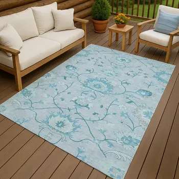 3' X 5' Sky Blue And Ivory Floral Washable Indoor Outdoor Area Rug
