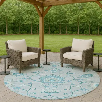 8' Sky Blue And Ivory Round Floral Washable Indoor Outdoor Area Rug