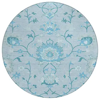 8' Sky Blue And Ivory Round Floral Washable Indoor Outdoor Area Rug