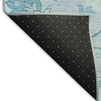 8' Sky Blue And Ivory Round Floral Washable Indoor Outdoor Area Rug