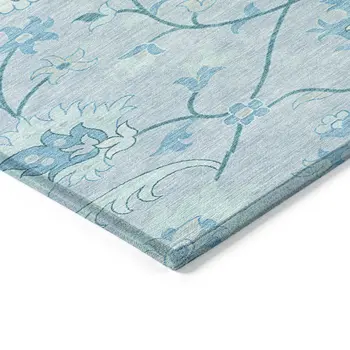 8' Sky Blue And Ivory Round Floral Washable Indoor Outdoor Area Rug